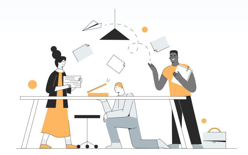 An animated picture of three persons are handing papers